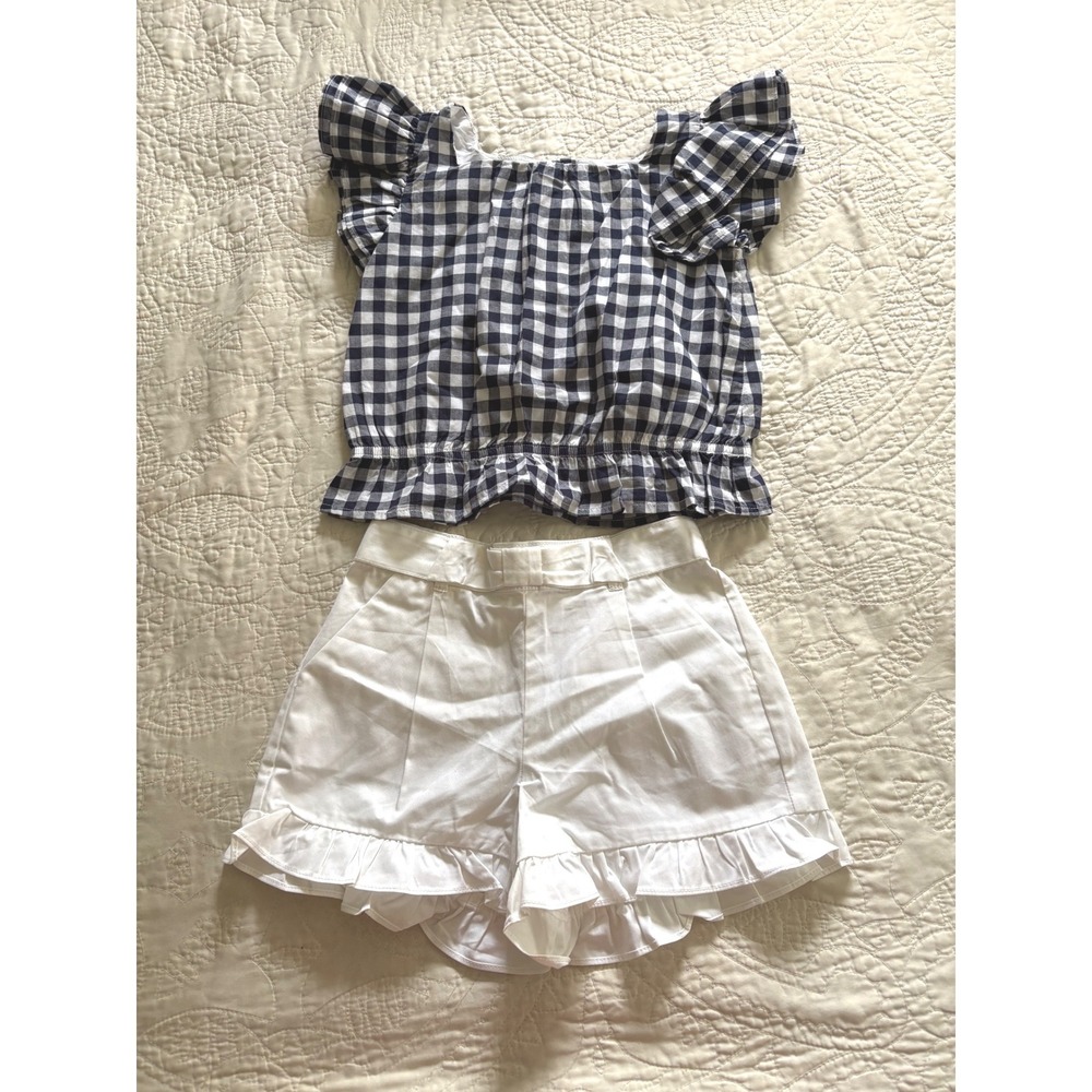 Janie and Jack Girls 2PC Gingham Flutter Top and Ruffle Shorts Set Navy White 6
